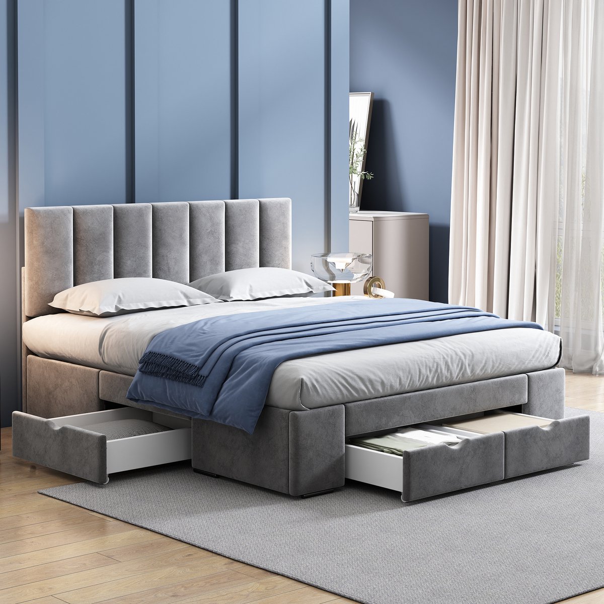 Polsterbed 140 x 200 cm - Met lattenbodem - Inclusief rugleuning - Met 4 laden - Grijze fluwelen bekleding