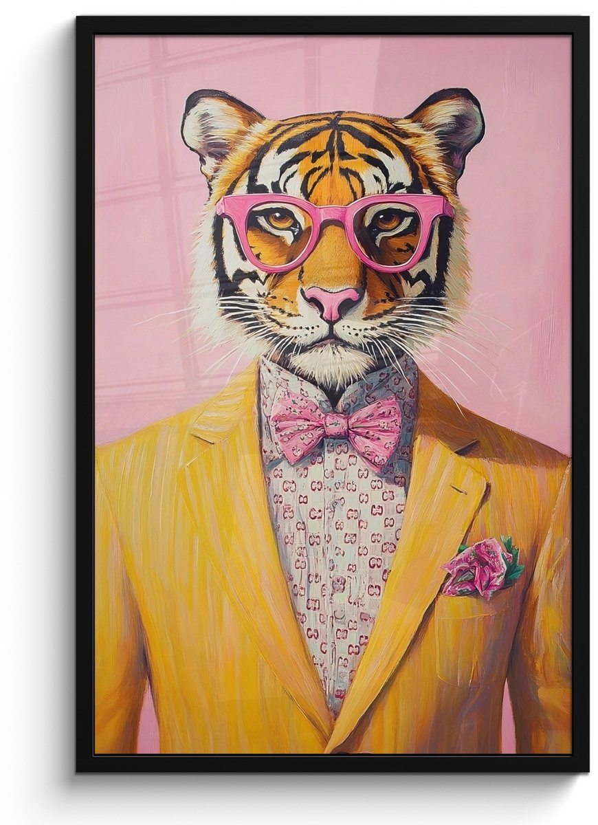 FrameYourWall Poster in lijst - Fotolijst 60x90 cm - Posters - Tijger - Bril - Geel - Jasje - Posterlijst zwart - Decoratie - Wanddecoratie woonkamer - Muurdecoratie slaapkamer