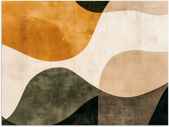 Abstract schilderij met golvende vormen in okergeel, beige, crèmekleurig en donkergroen.