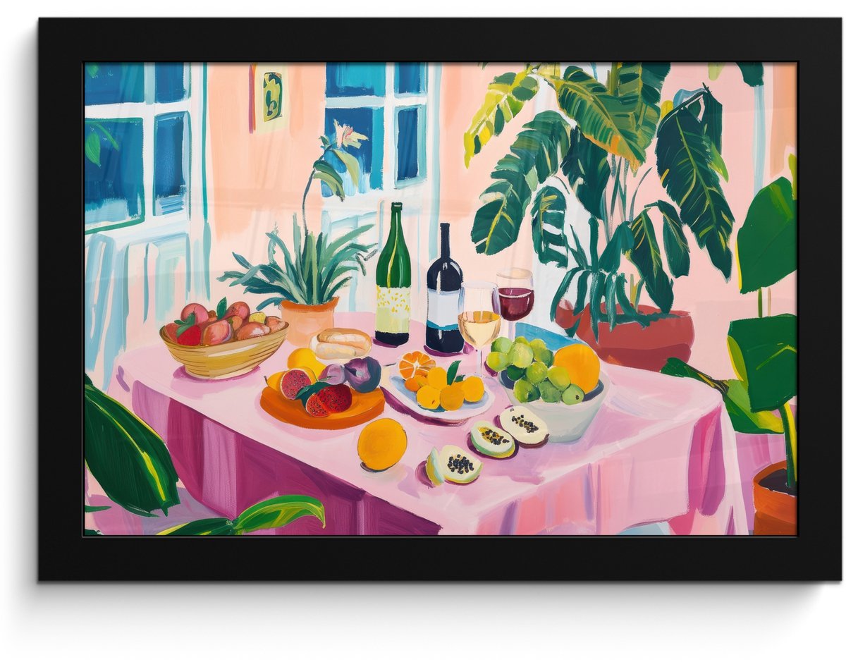FrameYourWall Poster in lijst - Fotolijst 30x20 cm - Posters - Tafel - Wijn - Fruit - Posterlijst zwart - Decoratie - Wanddecoratie woonkamer - Muurdecoratie slaapkamer