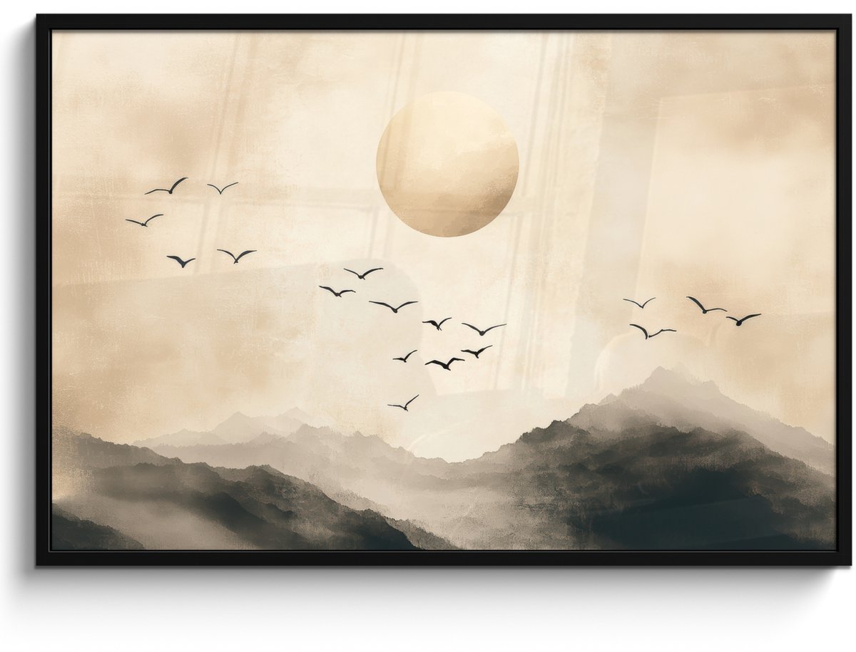 FrameYourWall Poster in lijst - Fotolijst 120x80 cm - Posters - Landschap - Japandi - vogel - Posterlijst zwart - Decoratie - Wanddecoratie woonkamer - Muurdecoratie slaapkamer