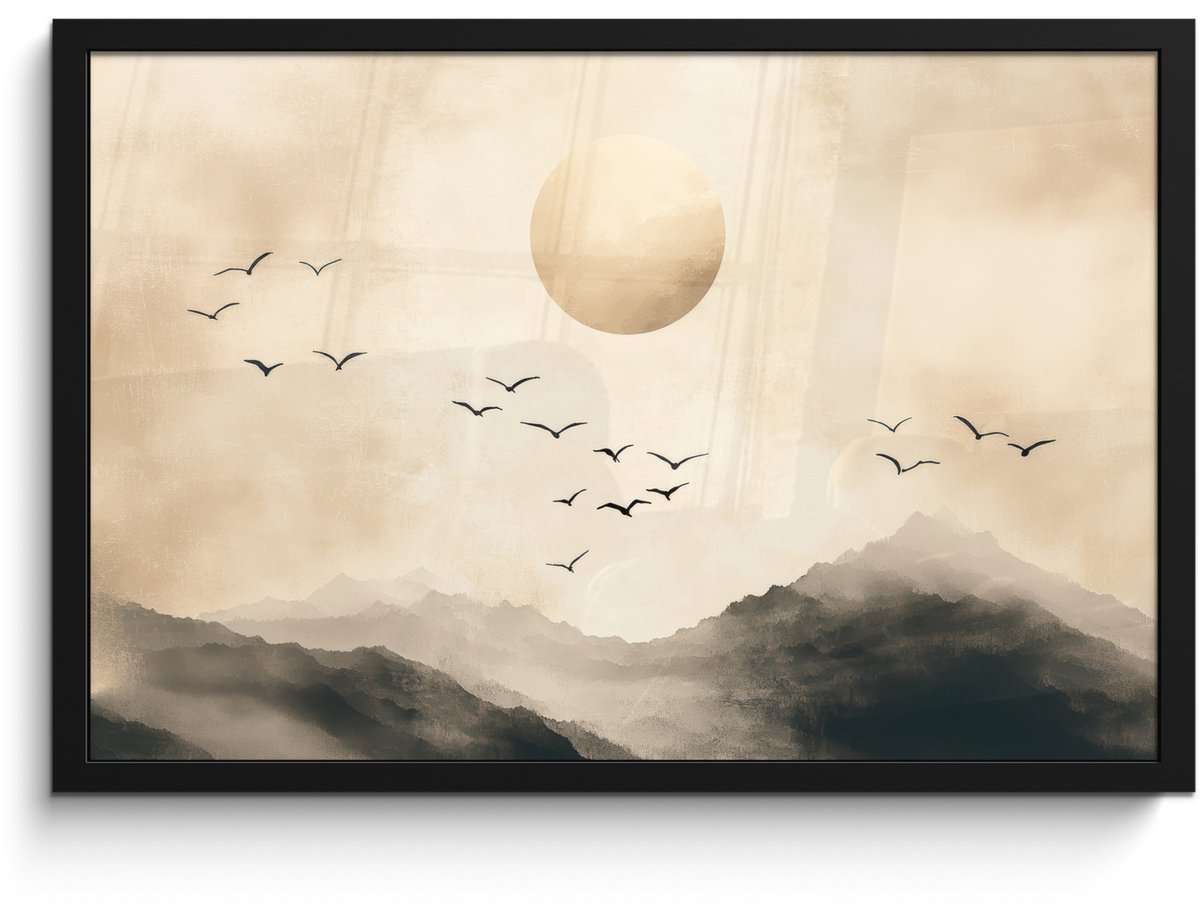 FrameYourWall Poster in lijst - Fotolijst 60x40 cm - Posters - Landschap - Japandi - vogel - Posterlijst zwart - Decoratie - Wanddecoratie woonkamer - Muurdecoratie slaapkamer
