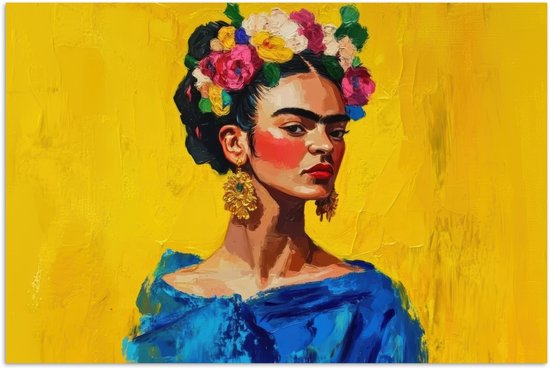 Poster 30x20 cm - Frida Kahlo - Vrouw - Geel - Blauw - Bloemen - Posters - Kamer decoratie - Wanddecoratie woonkamer - Muurdecoratie slaapkamer