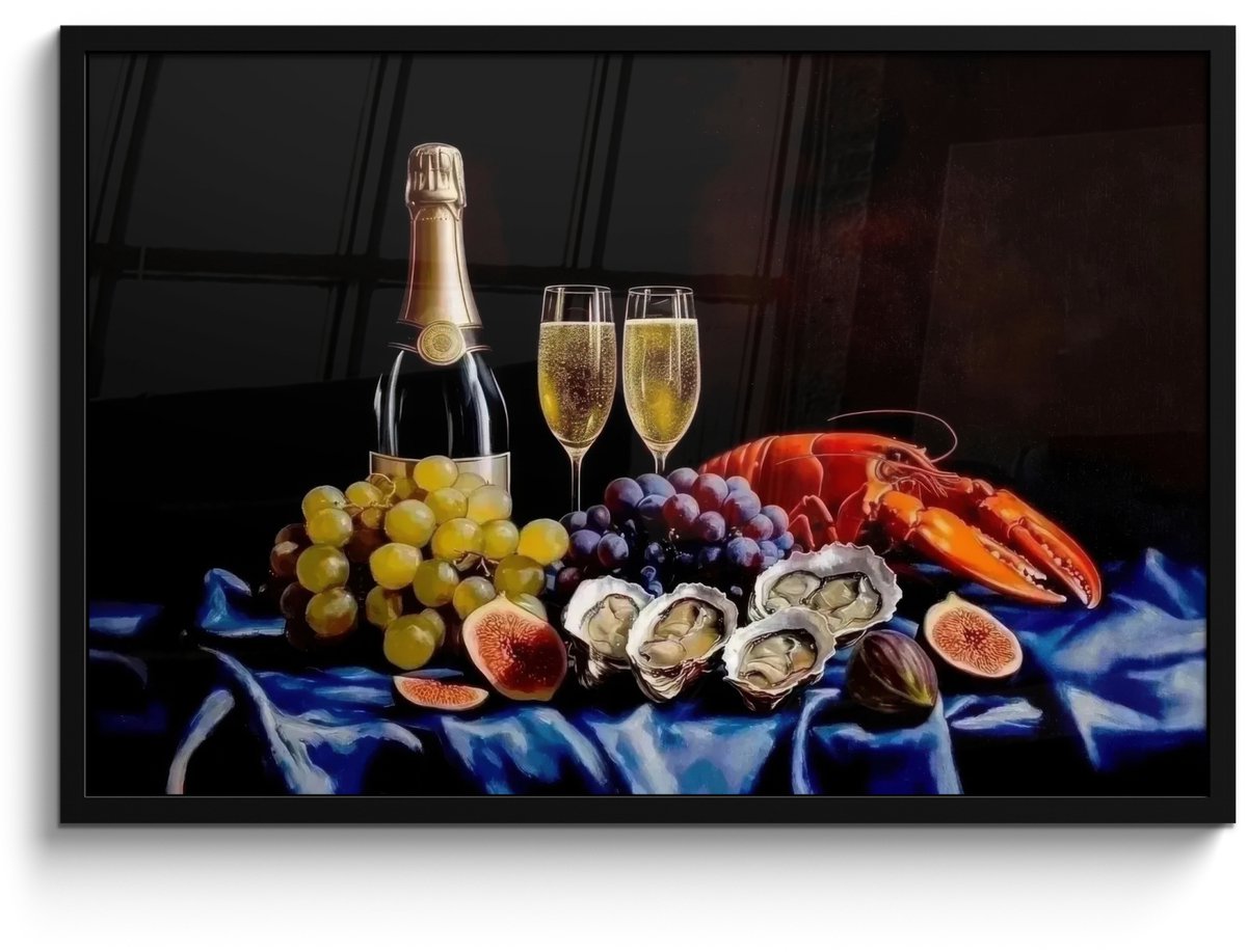 FrameYourWall Poster in lijst - Fotolijst 90x60 cm - Posters - Champagne - Luxe - Oesters - Posterlijst zwart - Decoratie - Wanddecoratie woonkamer - Muurdecoratie slaapkamer Champagne - Stilleven