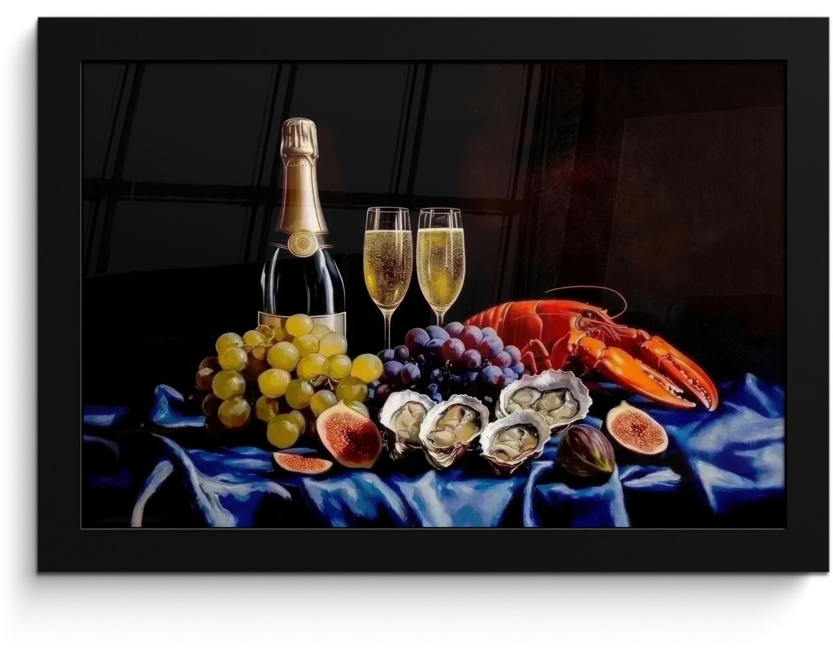 FrameYourWall Poster in lijst - Fotolijst 30x20 cm - Posters - Champagne - Luxe - Oesters - Posterlijst zwart - Decoratie - Wanddecoratie woonkamer - Muurdecoratie slaapkamer Champagne - Stilleven