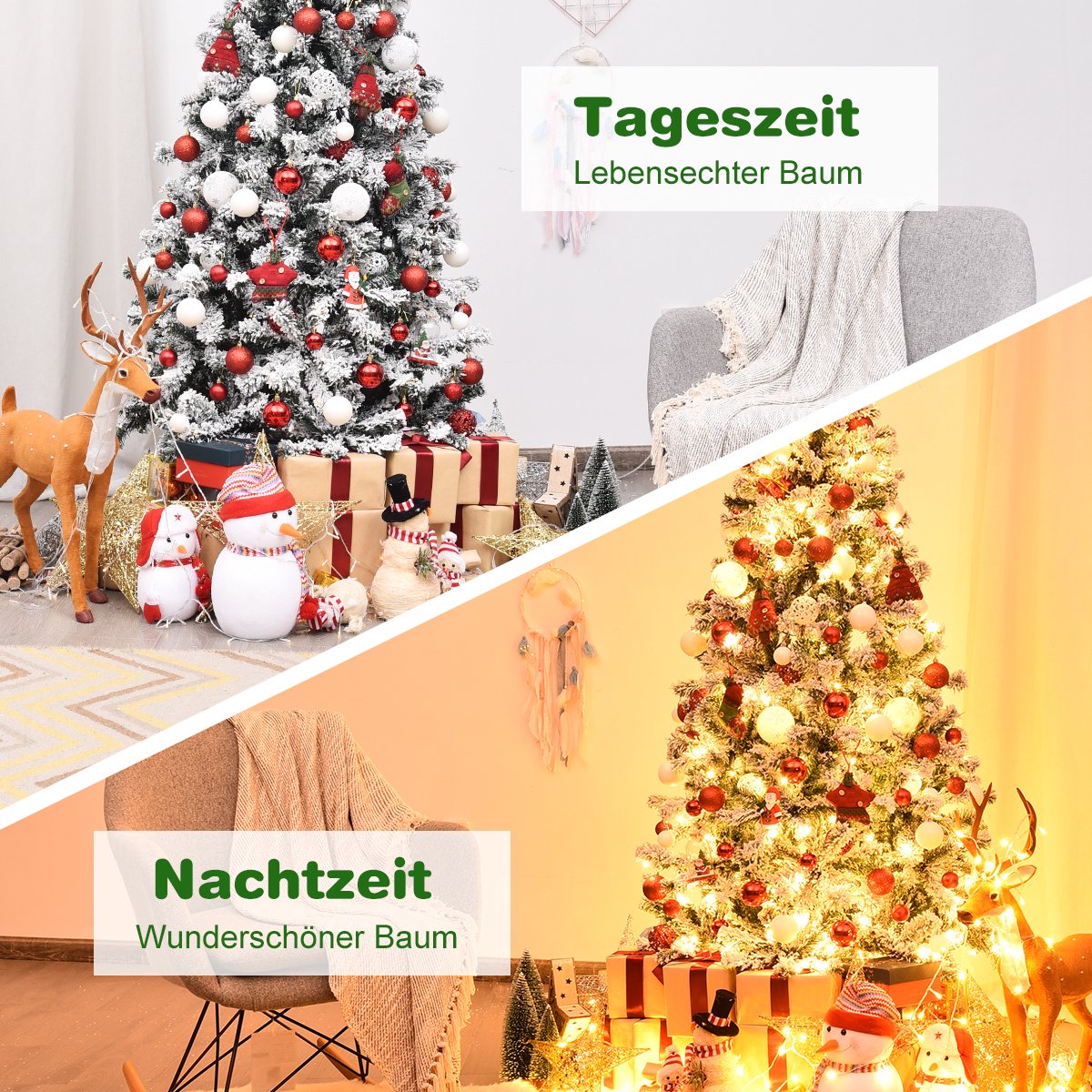 COSTWAY 180 cm Kunstkerstboom met verlichting - Realistische Kunststof Kerstboom met sneeuw - Kerstmis Kerstboom - PVC 600 takken & 250 LEDs -wit en groen – foto 6