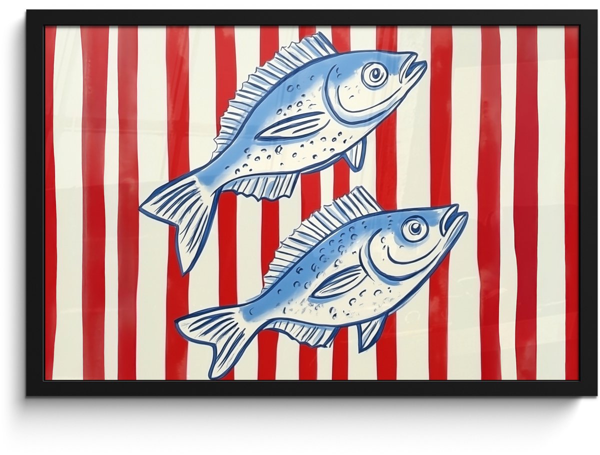 FrameYourWall Poster in lijst - Fotolijst 60x40 cm - Posters - Vissen - Verticale strepen - Blauw - Rood - Posterlijst zwart - Decoratie - Wanddecoratie woonkamer - Muurdecoratie slaapkamer Vissen - Strepen