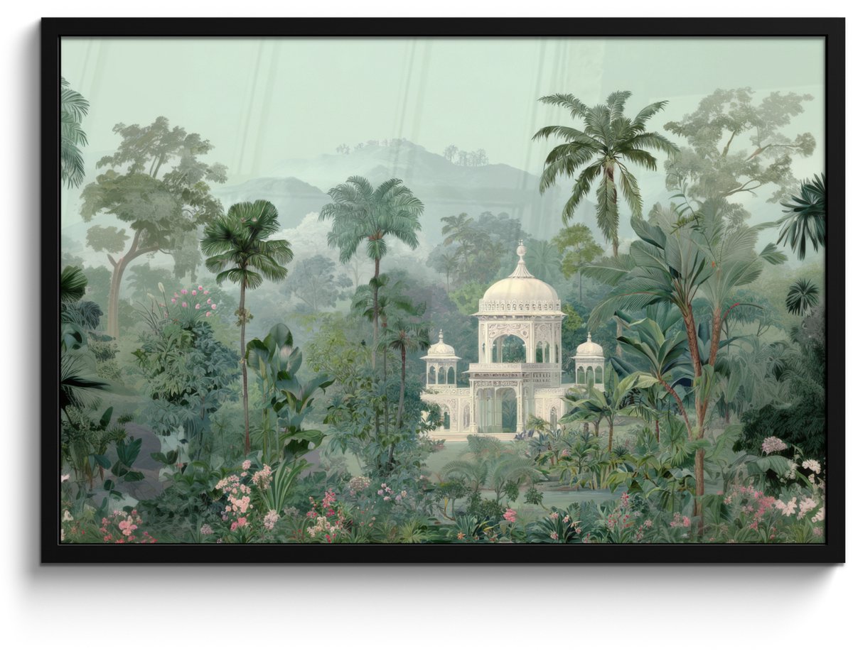 FrameYourWall Poster in lijst - Fotolijst 90x60 cm - Posters - Tropische tuin - Koepelgebouw - Bloemen - Posterlijst zwart - Decoratie - Wanddecoratie woonkamer - Muurdecoratie slaapkamer Tropisch - Tuin - Koepelgebouw