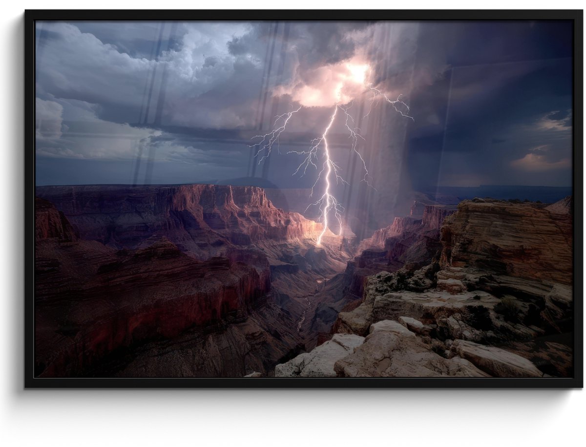 FrameYourWall Poster in lijst - Fotolijst 120x80 cm - Posters - Bliksem - Wolken - Canyon - Posterlijst zwart - Decoratie - Wanddecoratie woonkamer - Muurdecoratie slaapkamer Bliksem - Wolken - Rotsen