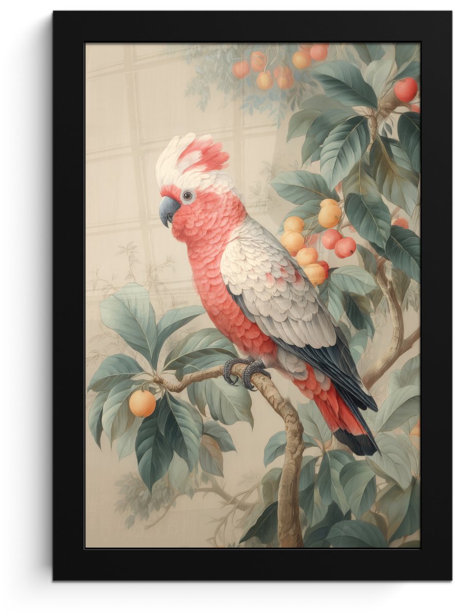 FrameYourWall Poster in lijst - Fotolijst 20x30 cm - Posters - Roze kuifkaketoe - Tak met vruchten - Bladeren - Posterlijst zwart - Decoratie - Wanddecoratie woonkamer - Muurdecoratie slaapkamer Kuifkaketoe - Tak - Vruchten