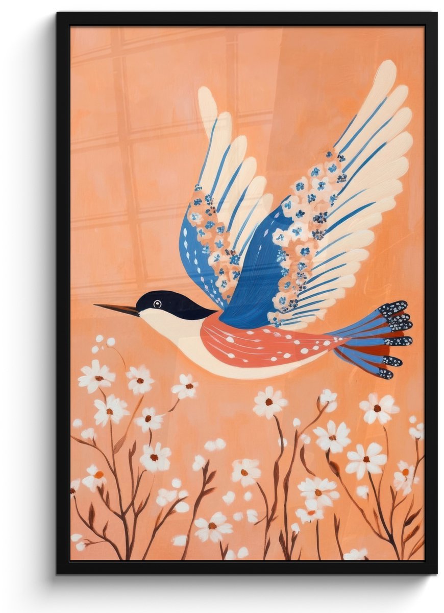 FrameYourWall Poster in lijst - Fotolijst 60x90 cm - Posters - Vogel - Bloesemtakken - Warm - Kleurrijk - Posterlijst zwart - Decoratie - Wanddecoratie woonkamer - Muurdecoratie slaapkamer