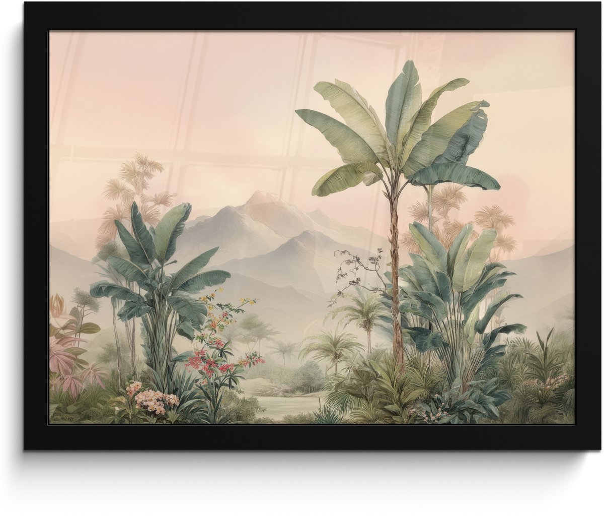 FrameYourWall Poster in lijst - Fotolijst 40x30 cm - Posters - Tropisch landschap - palmbomen - Bloemen - Roze lucht - Posterlijst zwart - Decoratie - Wanddecoratie woonkamer - Muurdecoratie slaapkamer Tropisch - Landschap