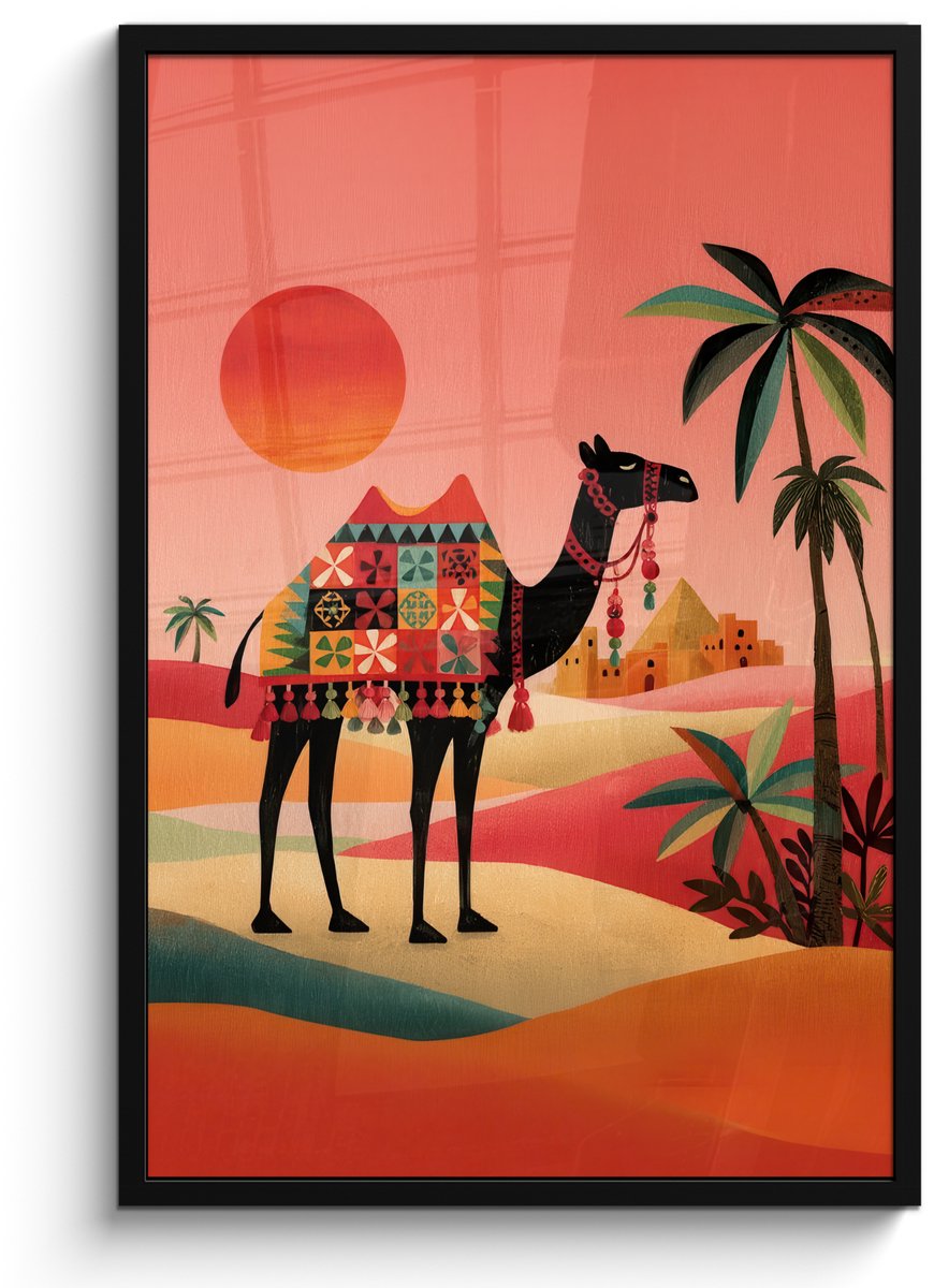 FrameYourWall Poster in lijst - Fotolijst 60x90 cm - Posters - Kameel - Gekleurd tapijt - Duinen - Rode zon - Posterlijst zwart - Decoratie - Wanddecoratie woonkamer - Muurdecoratie slaapkamer Kameel - Duinen - Zon