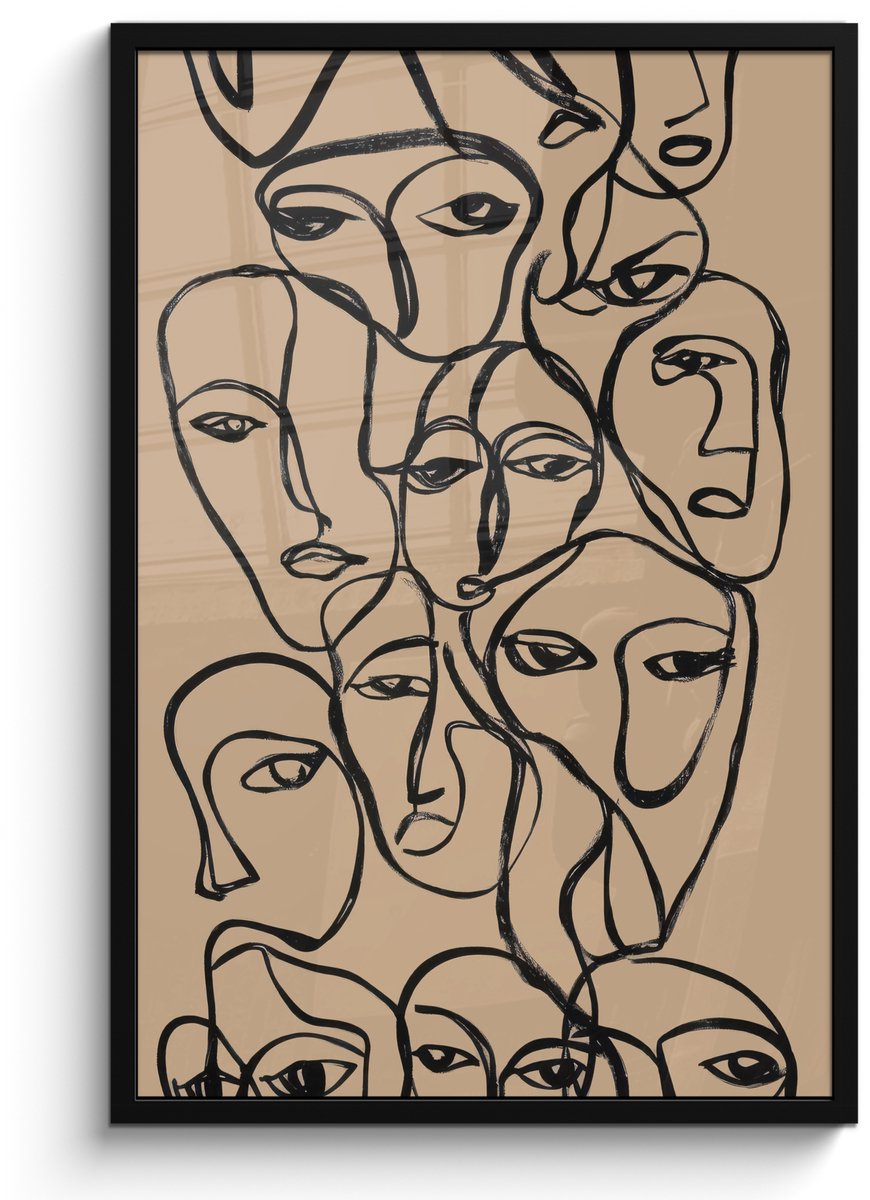 FrameYourWall Poster in lijst - Fotolijst 60x90 cm - Posters - Gezichtenzee - Lijntekening - Abstract - Posterlijst zwart - Decoratie - Wanddecoratie woonkamer - Muurdecoratie slaapkamer Gezichten - Lijntekening