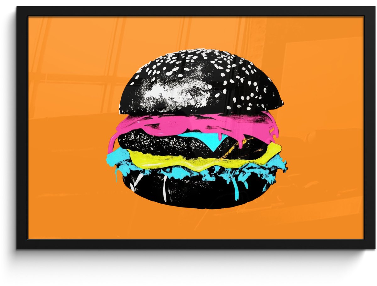 FrameYourWall Poster in lijst - Fotolijst 60x40 cm - Posters - Hamburger - Oranje - Neon - popart - Posterlijst zwart - Decoratie - Wanddecoratie woonkamer - Muurdecoratie slaapkamer Hamburger - popart