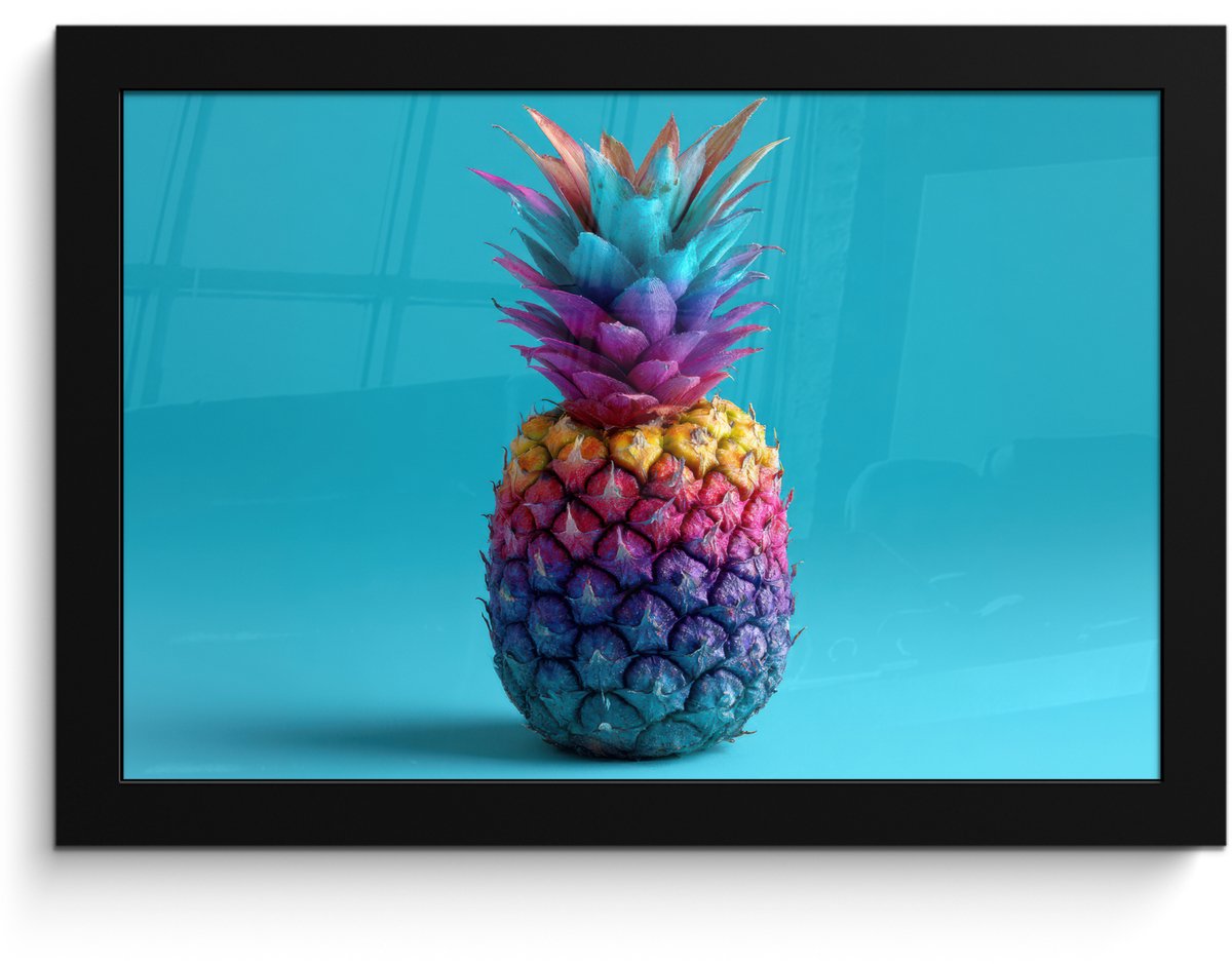 FrameYourWall Poster in lijst - Fotolijst 30x20 cm - Posters - Ananas - Regenboog - Blauw - Popart - Posterlijst zwart - Decoratie - Wanddecoratie woonkamer - Muurdecoratie slaapkamer