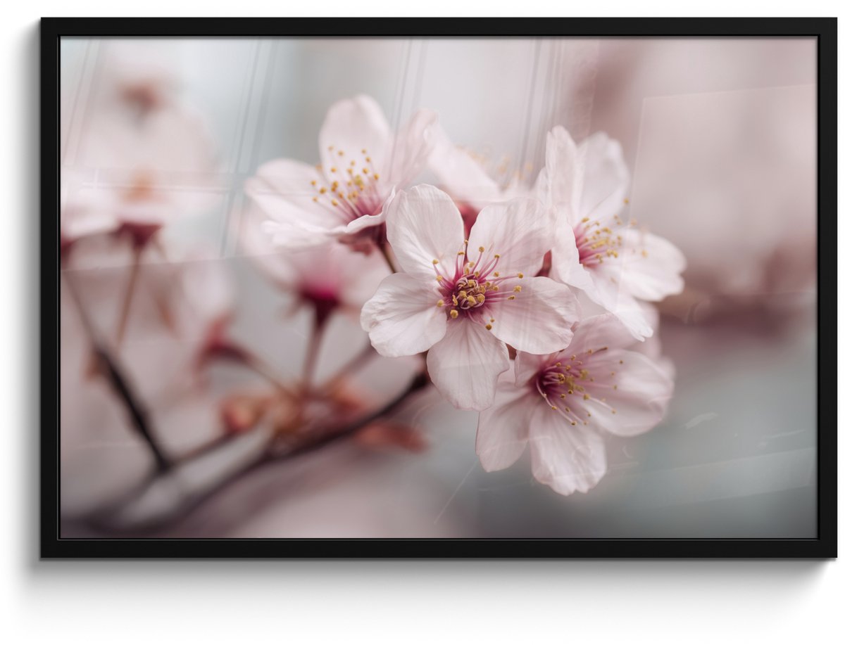 FrameYourWall Poster in lijst - Fotolijst 90x60 cm - Posters - Bloesems - Meeldraden - Geel - Wazig - Posterlijst zwart - Decoratie - Wanddecoratie woonkamer - Muurdecoratie slaapkamer