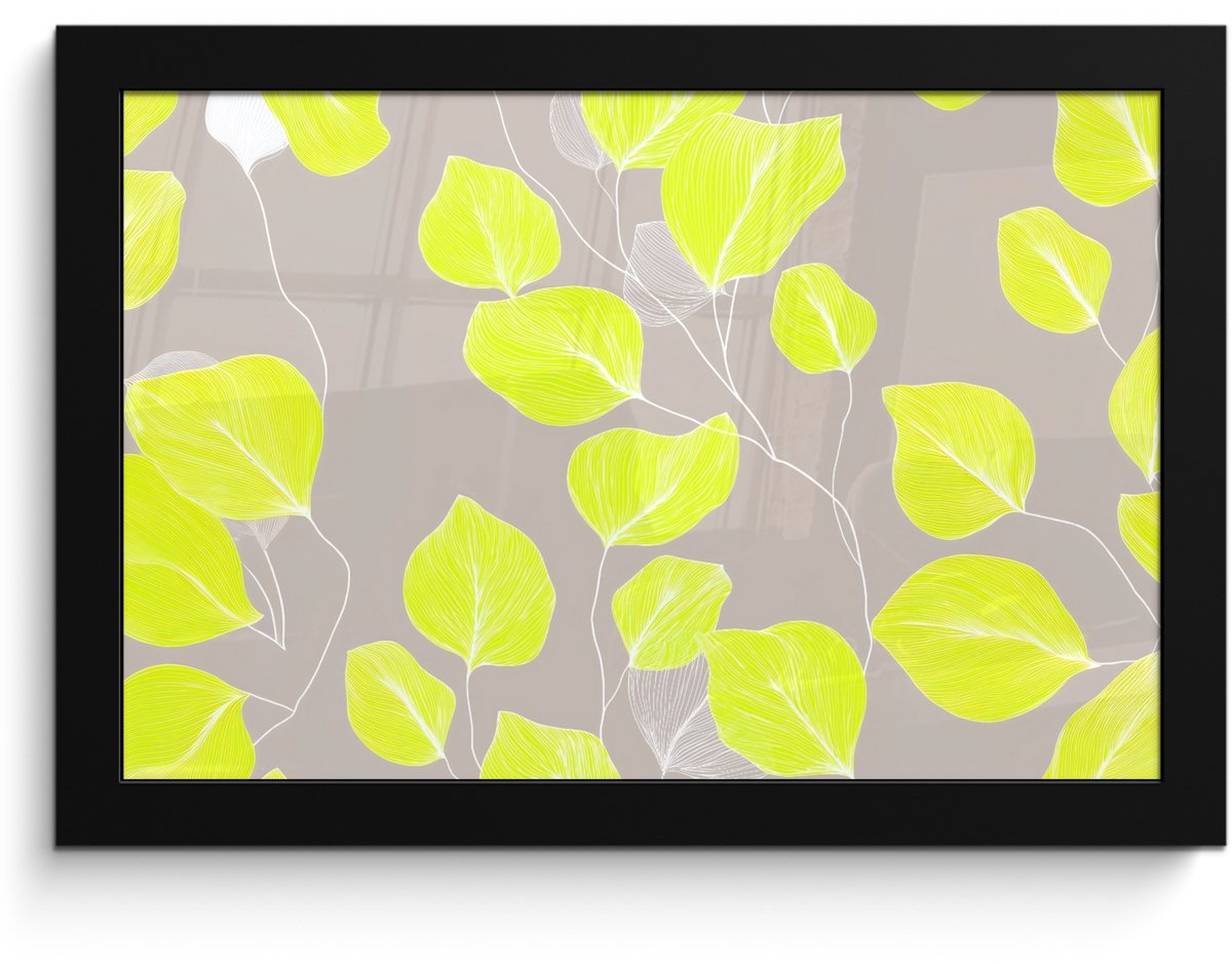 FrameYourWall Poster in lijst - Fotolijst 30x20 cm - Posters - Bladeren - Neon - Geel - Lijnen - Posterlijst zwart - Decoratie - Wanddecoratie woonkamer - Muurdecoratie slaapkamer Bladeren - Lijnen - Neon