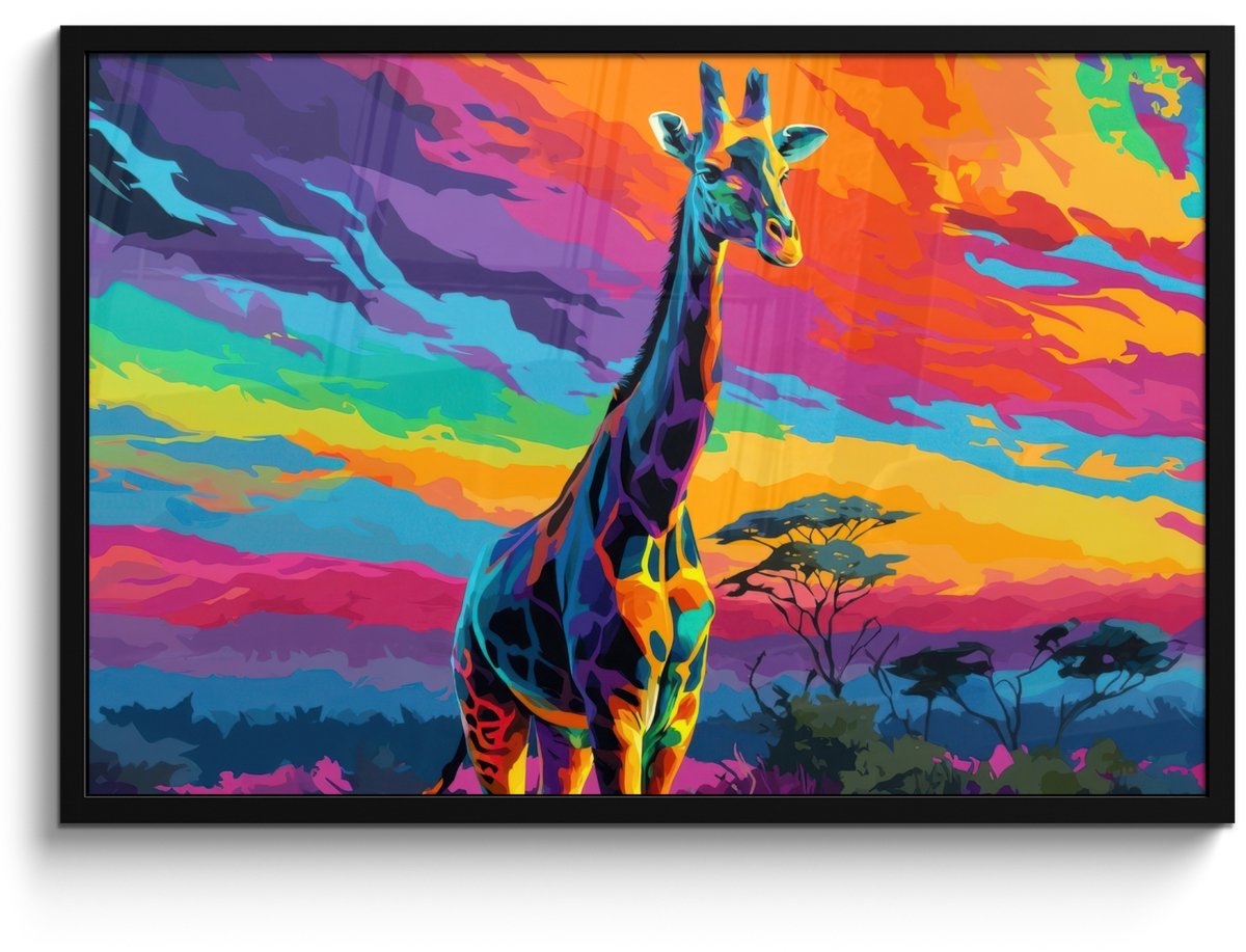 FrameYourWall Poster in lijst - Fotolijst 90x60 cm - Posters - Giraffe - Savanna - Lucht - Gekleurd - Posterlijst zwart - Decoratie - Wanddecoratie woonkamer - Muurdecoratie slaapkamer Giraffe - Kleurrijk