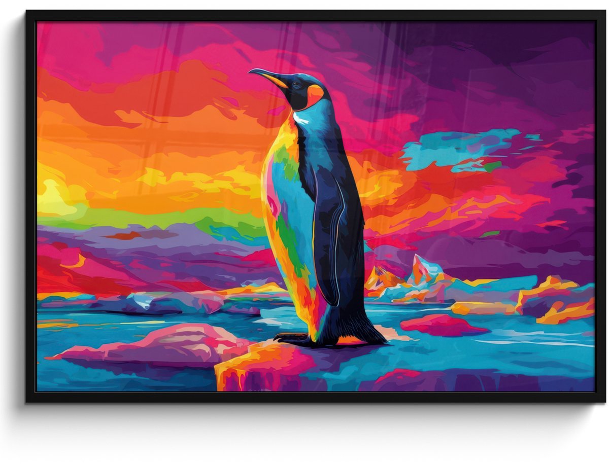 FrameYourWall Poster in lijst - Fotolijst 120x80 cm - Posters - Ijsschots - Pinguïn - Abstract - Lucht - Posterlijst zwart - Decoratie - Wanddecoratie woonkamer - Muurdecoratie slaapkamer Pinguïn - Kleurrijk