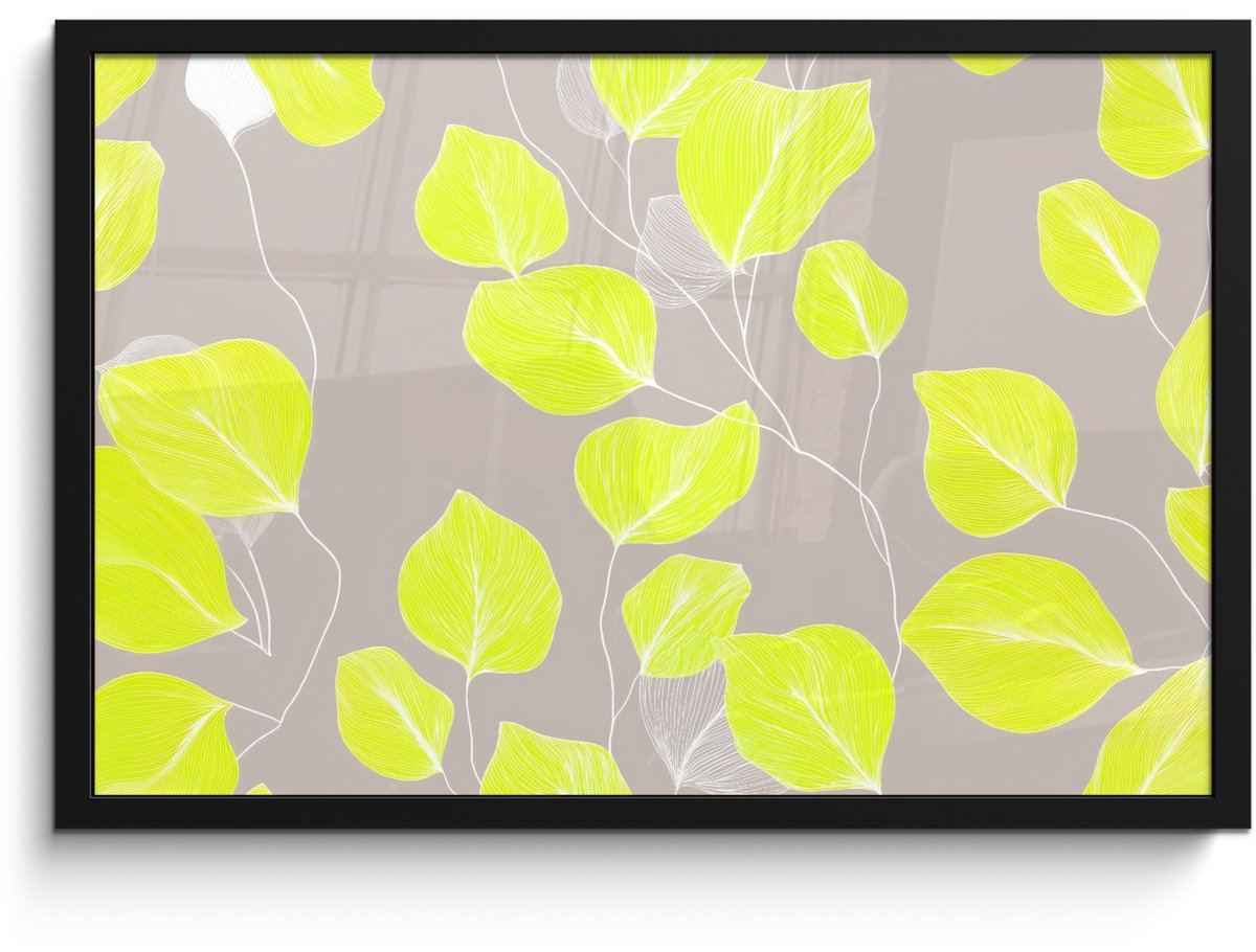 FrameYourWall Poster in lijst - Fotolijst 60x40 cm - Posters - Bladeren - Neon - Geel - Lijnen - Posterlijst zwart - Decoratie - Wanddecoratie woonkamer - Muurdecoratie slaapkamer Bladeren - Lijnen - Neon