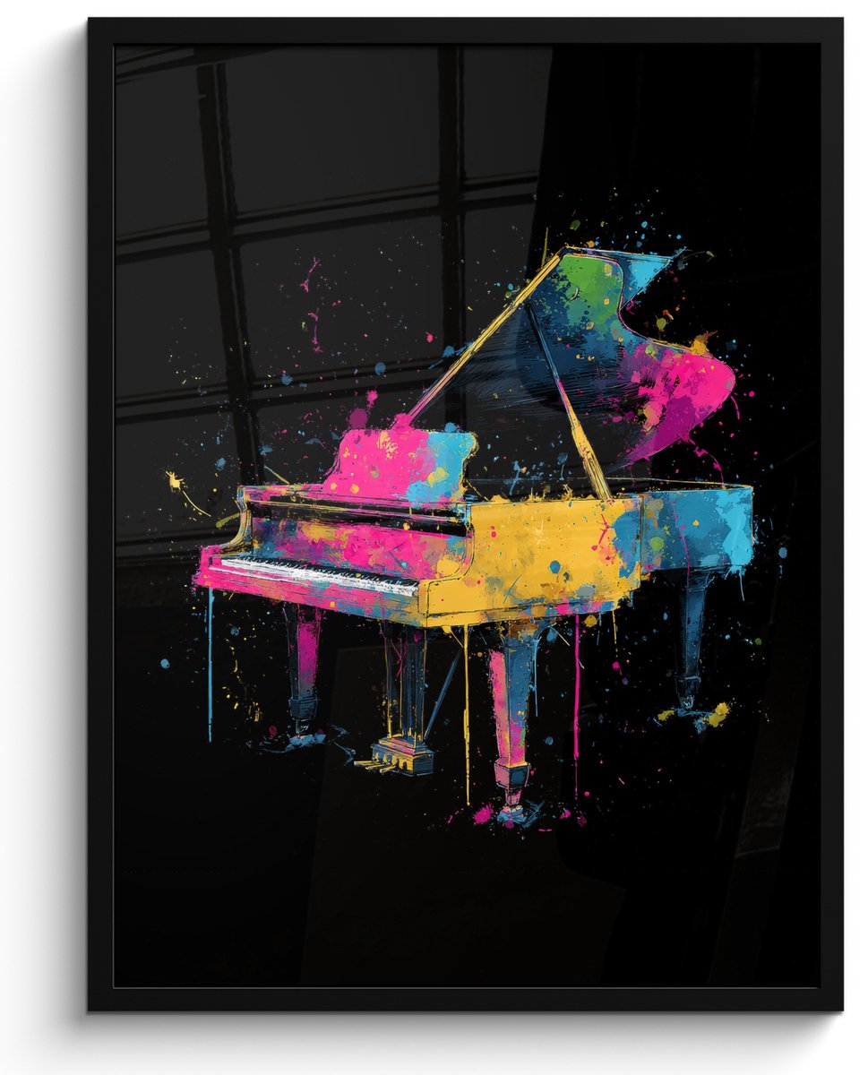 FrameYourWall Poster in lijst - Fotolijst 60x80 cm - Posters - Piano - Kleurrijk - Verf - Modern - Posterlijst zwart - Decoratie - Wanddecoratie woonkamer - Muurdecoratie slaapkamer Piano - Verf - Kleurrijk
