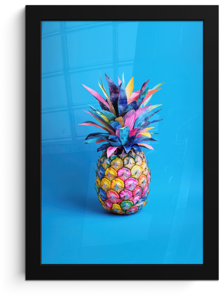 FrameYourWall Poster in lijst - Fotolijst 20x30 cm - Posters - Ananas - Blauw - Tropisch - Vrolijk - Posterlijst zwart - Decoratie - Wanddecoratie woonkamer - Muurdecoratie slaapkamer Ananas - Tropisch