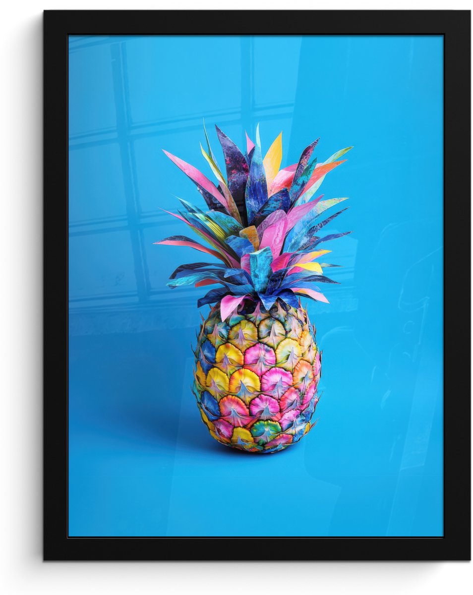FrameYourWall Poster in lijst - Fotolijst 30x40 cm - Posters - Ananas - Blauw - Tropisch - Vrolijk - Posterlijst zwart - Decoratie - Wanddecoratie woonkamer - Muurdecoratie slaapkamer Ananas - Tropisch