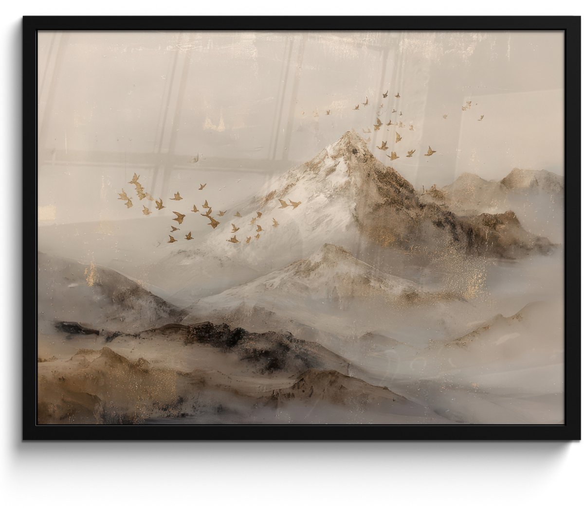 FrameYourWall Poster in lijst - Fotolijst 80x60 cm - Posters - Berglandschap - Mist - Penseelstreken - Posterlijst zwart - Decoratie - Wanddecoratie woonkamer - Muurdecoratie slaapkamer