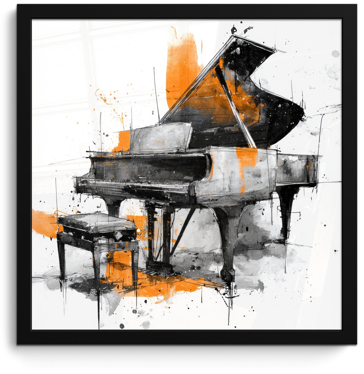 FrameYourWall Poster in lijst - Fotolijst 40x40 cm - Posters - Piano - Oranje - Zwart - schets lijnen - Posterlijst zwart - Decoratie - Wanddecoratie woonkamer - Muurdecoratie slaapkamer