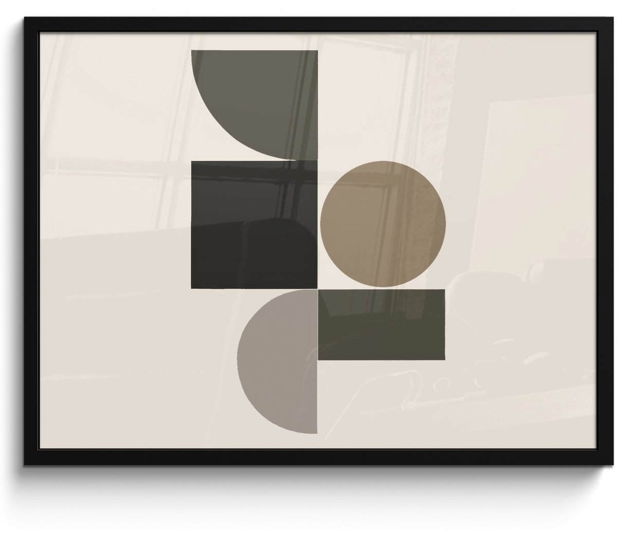 FrameYourWall Poster in lijst - Fotolijst 80x60 cm - Posters - Aardetinten - Abstracte compositie - Eenvoudige vormen - Posterlijst zwart - Decoratie - Wanddecoratie woonkamer - Muurdecoratie slaapkamer Aardetinten - Vormen