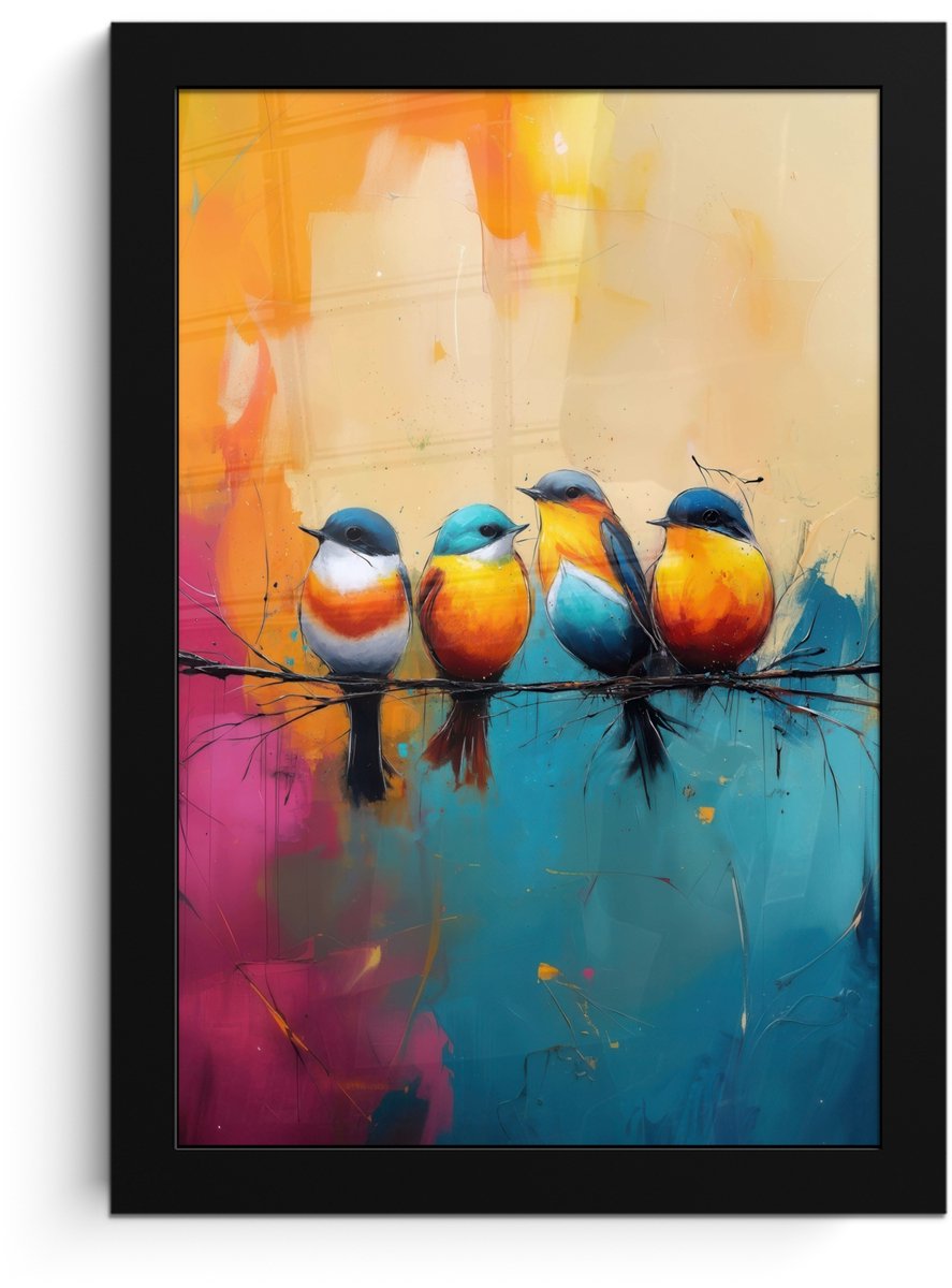 FrameYourWall Poster in lijst - Fotolijst 20x30 cm - Posters - Vogels - Kleurrijk - Tak - Abstract - Posterlijst zwart - Decoratie - Wanddecoratie woonkamer - Muurdecoratie slaapkamer