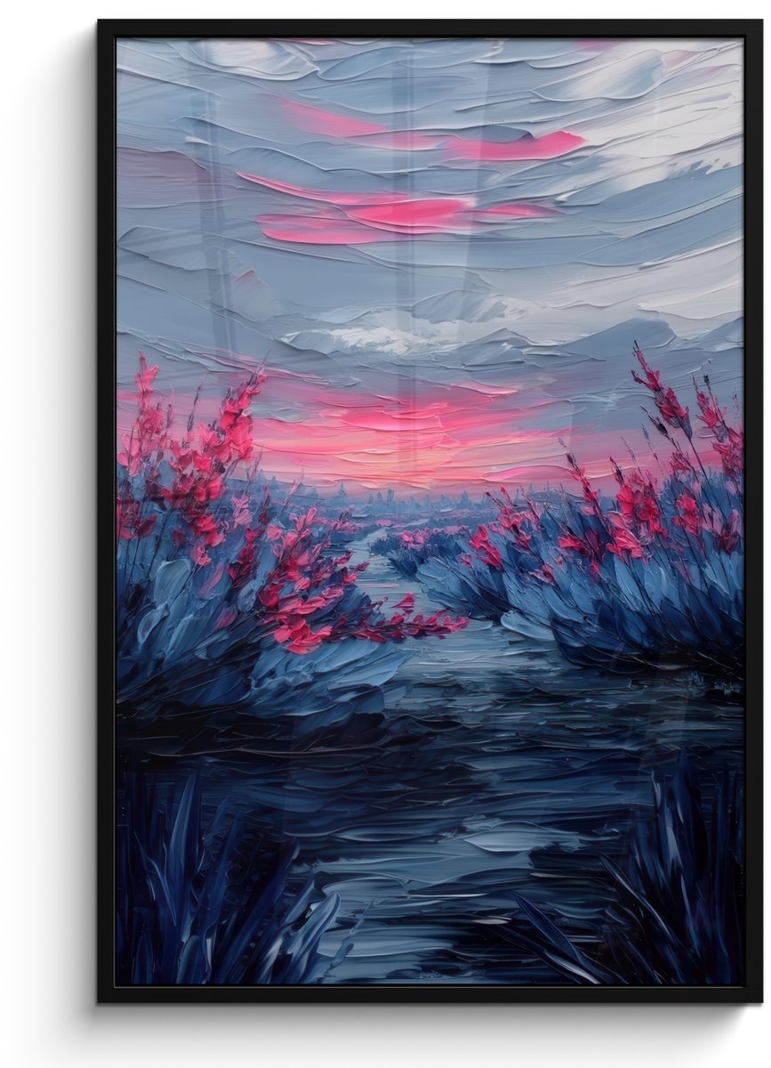 FrameYourWall Poster in lijst - Fotolijst 80x120 cm - Posters - Schilderij - Zonsondergang - Bloemen - Rivier - Posterlijst zwart - Decoratie - Wanddecoratie woonkamer - Muurdecoratie slaapkamer