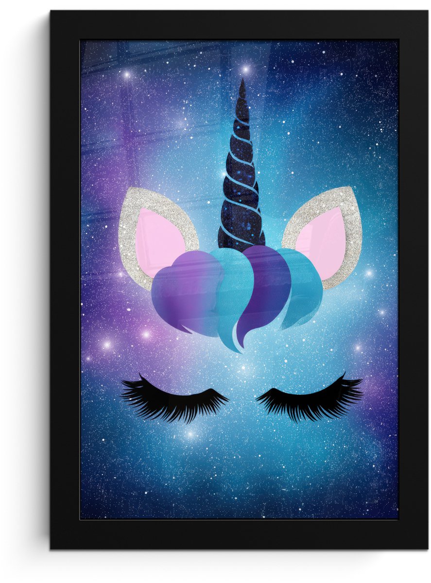FrameYourWall Poster in lijst - Fotolijst 20x30 cm - Posters - Eenhoorn - Sterren - Magisch - Blauw - Posterlijst zwart - Decoratie - Wanddecoratie woonkamer - Muurdecoratie slaapkamer Eenhoorn - Sterrenstelsel
