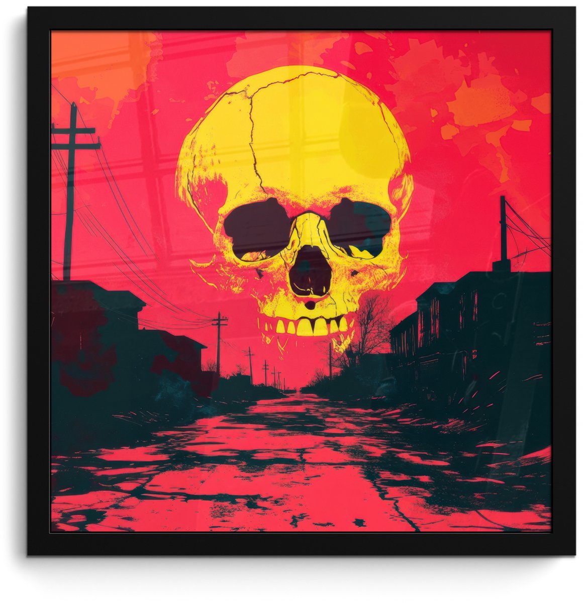 FrameYourWall Poster in lijst - Fotolijst 40x40 cm - Posters - Straat - Verlaten - Schedel - Geel - Posterlijst zwart - Decoratie - Wanddecoratie woonkamer - Muurdecoratie slaapkamer Schedel - Straat