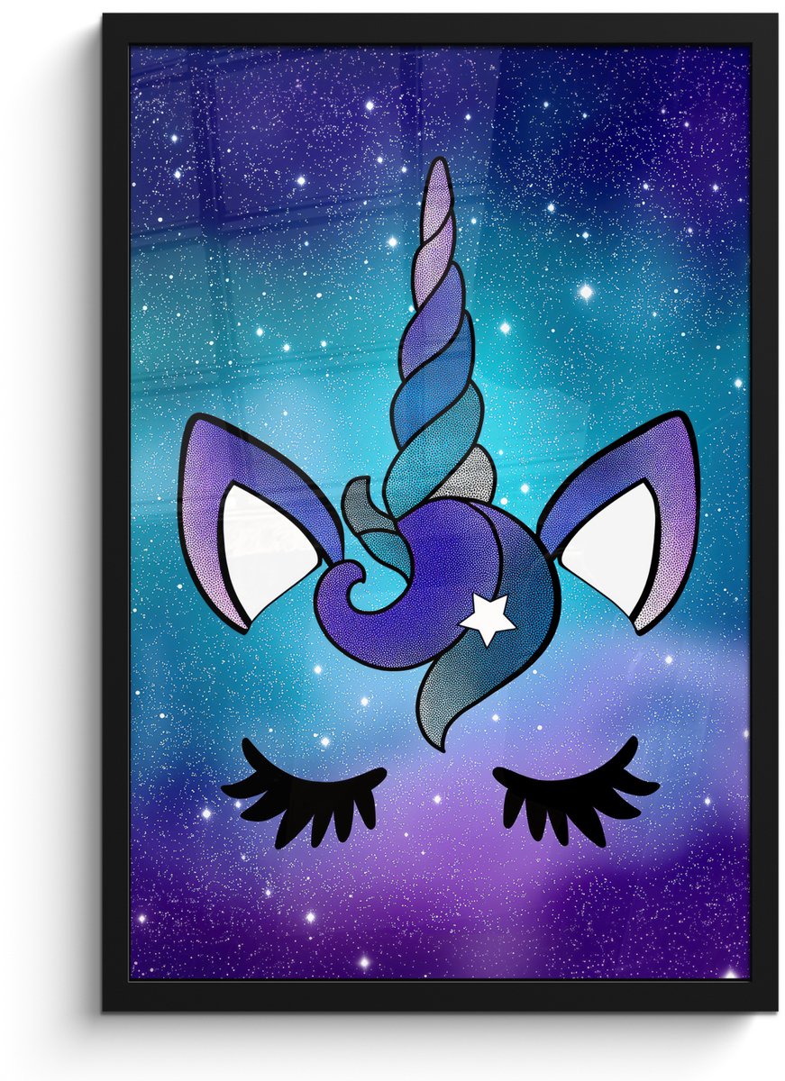 FrameYourWall Poster in lijst - Fotolijst 40x60 cm - Posters - Eenhoorn - Sterrenhemel - Ster - Blauw - Posterlijst zwart - Decoratie - Wanddecoratie woonkamer - Muurdecoratie slaapkamer
