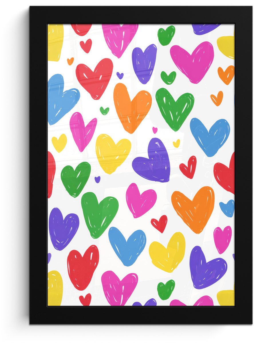 FrameYourWall Poster in lijst - Fotolijst 20x30 cm - Posters - Hartjes - Patroon - Kleurrijk - Tekening - Posterlijst zwart - Decoratie - Wanddecoratie woonkamer - Muurdecoratie slaapkamer Hartjes - Kleurrijk