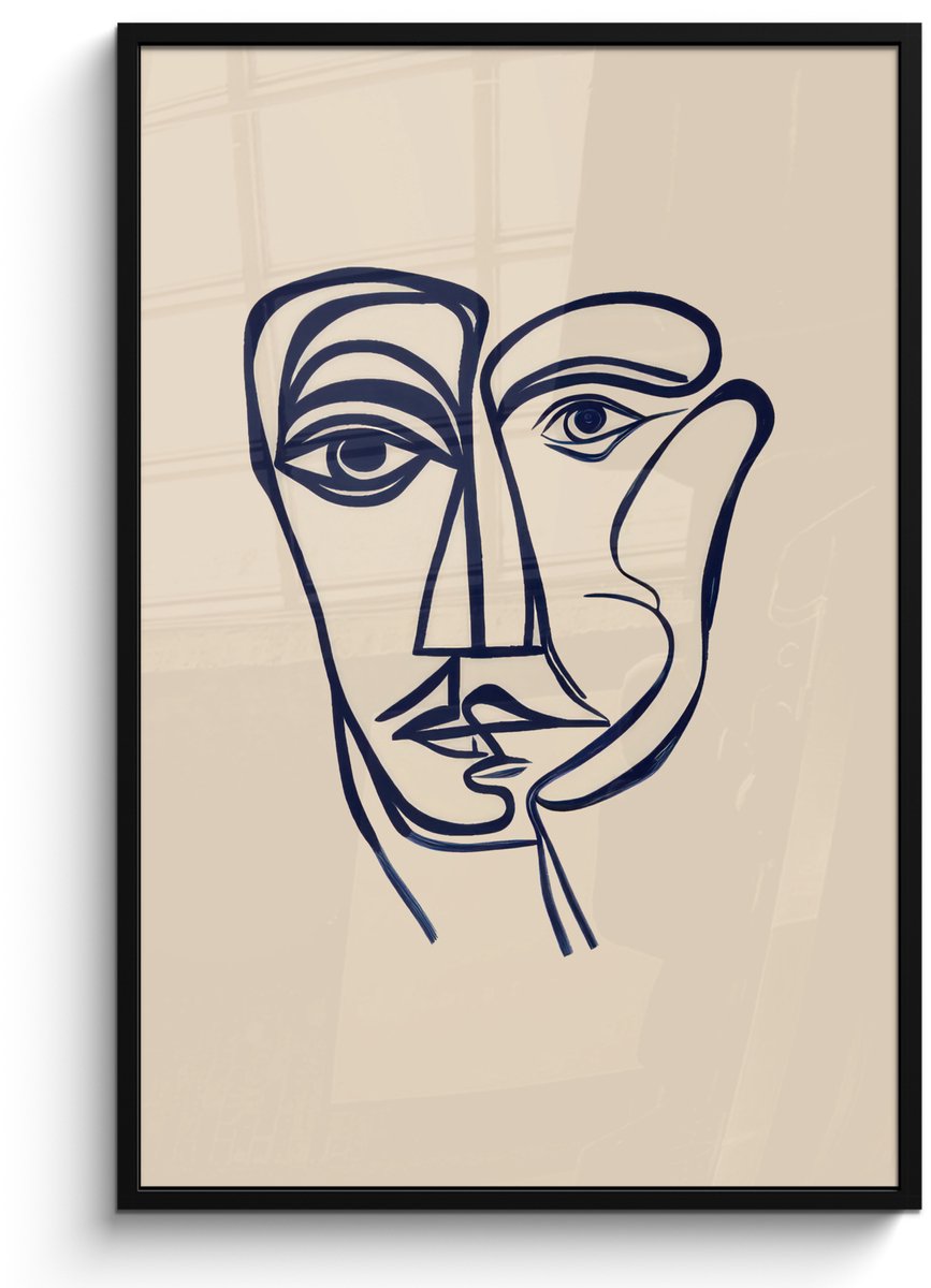 FrameYourWall Poster in lijst - Fotolijst 80x120 cm - Posters - Minimalistisch - Lijnillustratie - Beige - Donkerblauw - Posterlijst zwart - Decoratie - Wanddecoratie woonkamer - Muurdecoratie slaapkamer Lijnillustratie - Gezicht