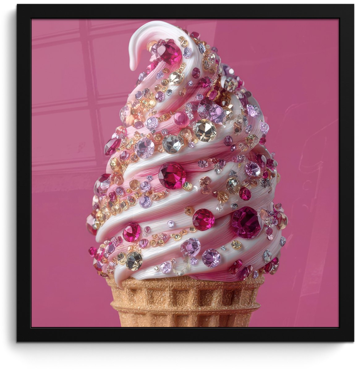 FrameYourWall Poster in lijst - Fotolijst 40x40 cm - Posters - Softijs - Edelstenen - Roze - Hoorntje - Posterlijst zwart - Decoratie - Wanddecoratie woonkamer - Muurdecoratie slaapkamer