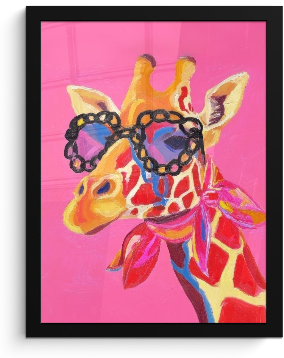 FrameYourWall Poster in lijst - Fotolijst 30x40 cm - Posters - Giraf - Roze - Bril - Sjaal - Posterlijst zwart - Decoratie - Wanddecoratie woonkamer - Muurdecoratie slaapkamer