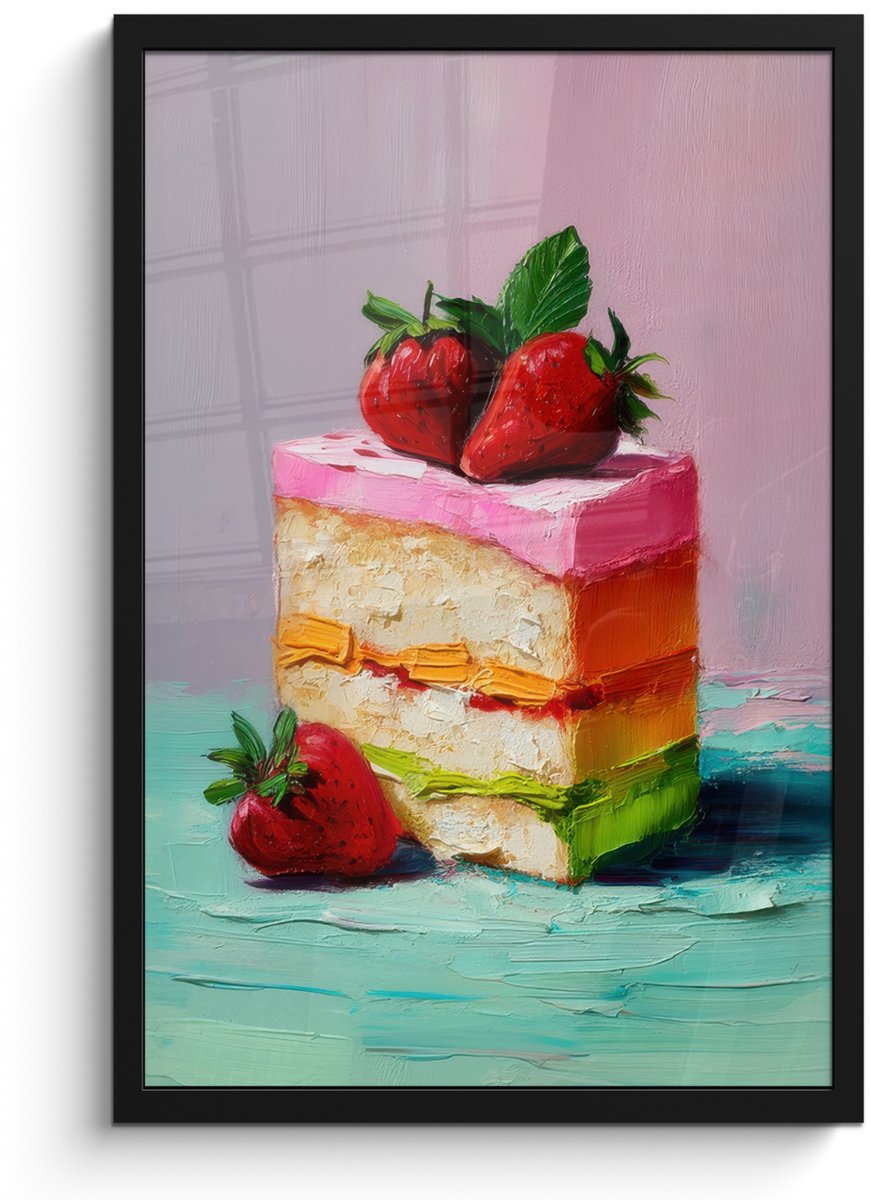FrameYourWall Poster in lijst - Fotolijst 40x60 cm - Posters - Taartje - Aardbeien - Glazuur - Kleurrijk - Posterlijst zwart - Decoratie - Wanddecoratie woonkamer - Muurdecoratie slaapkamer