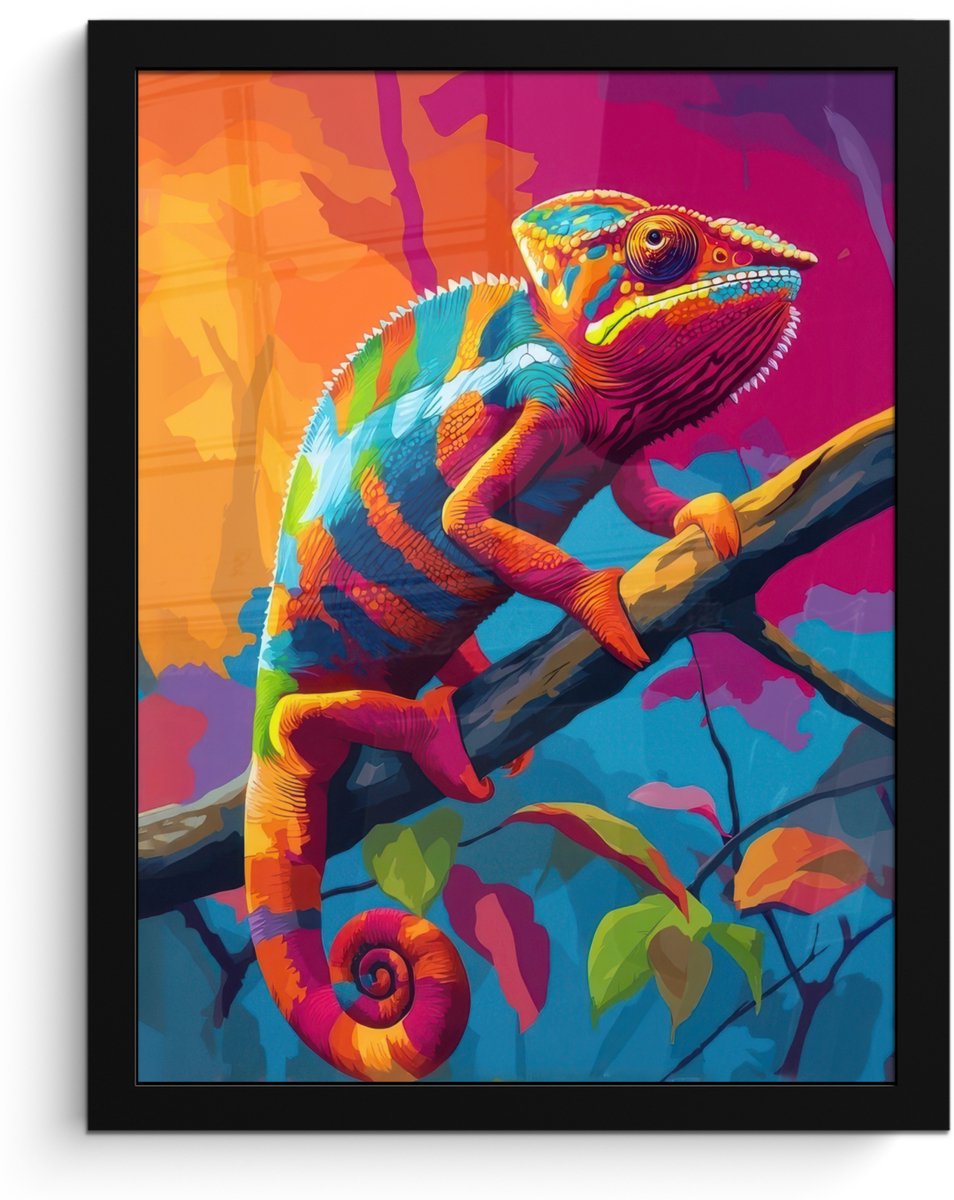 FrameYourWall Poster in lijst - Fotolijst 30x40 cm - Posters - Kameleon - Tak - Gestreept - Bladeren - Posterlijst zwart - Decoratie - Wanddecoratie woonkamer - Muurdecoratie slaapkamer Kameleon - Kleurrijk
