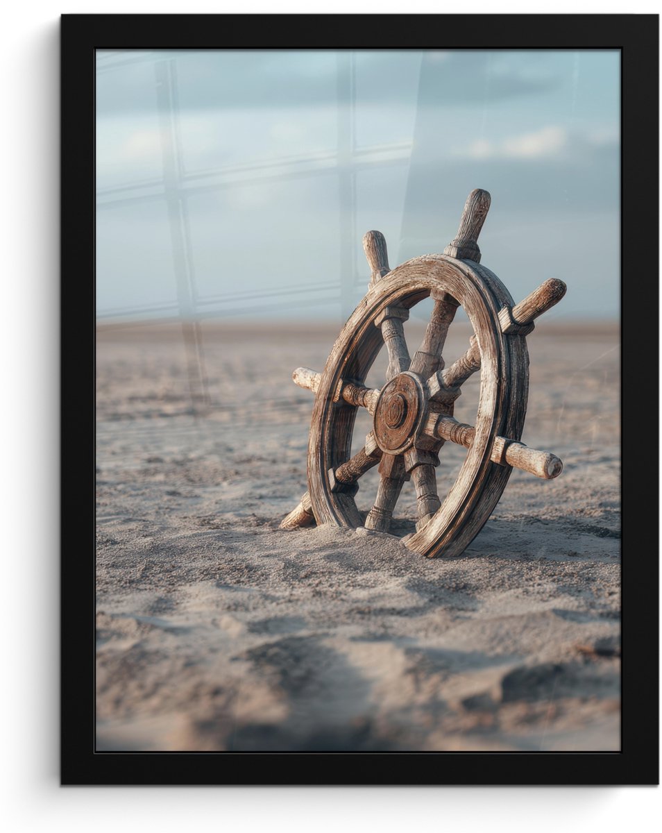 FrameYourWall Poster in lijst - Fotolijst 30x40 cm - Posters - Scheepsstuur - Hout - Bruin - Zand - Posterlijst zwart - Decoratie - Wanddecoratie woonkamer - Muurdecoratie slaapkamer