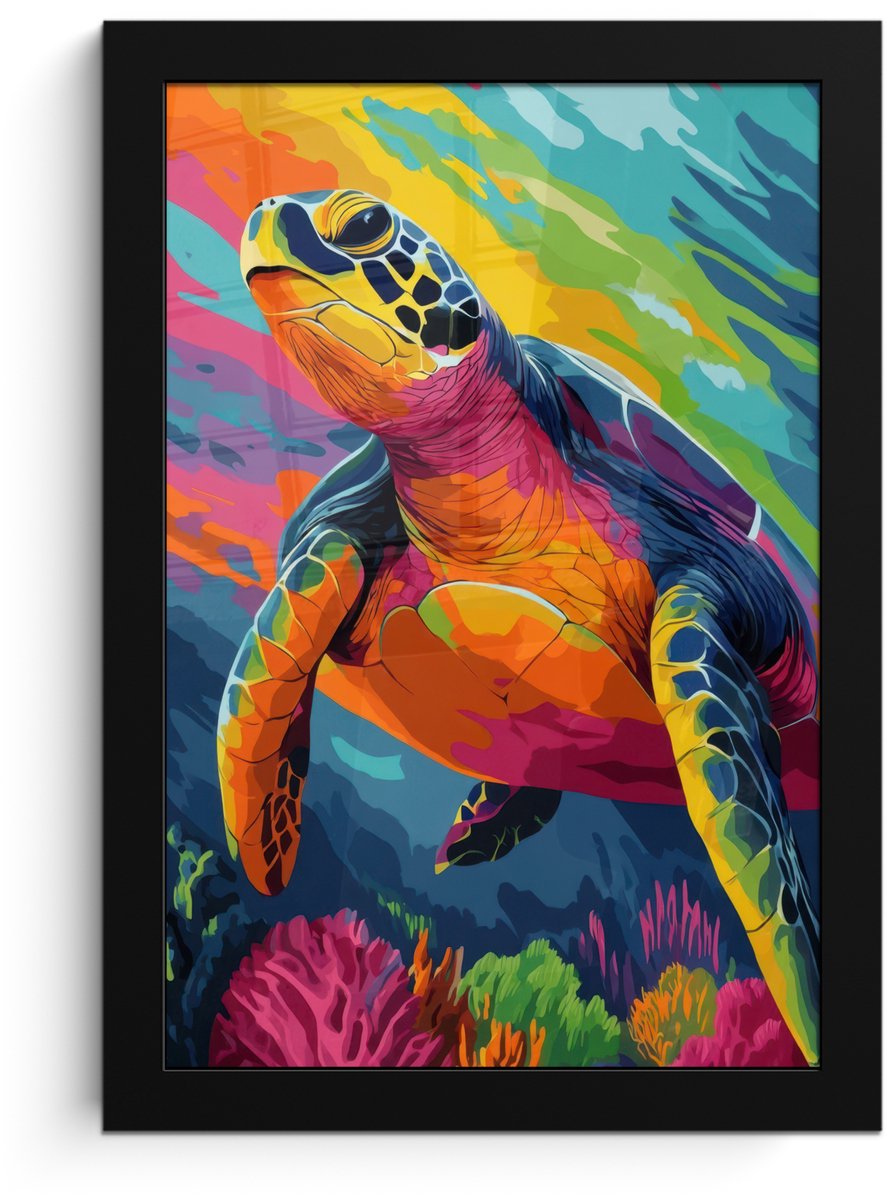 FrameYourWall Poster in lijst - Fotolijst 20x30 cm - Posters - Koraal - Schildpad - Abstract - Water - Posterlijst zwart - Decoratie - Wanddecoratie woonkamer - Muurdecoratie slaapkamer Schildpad - Kleurrijk