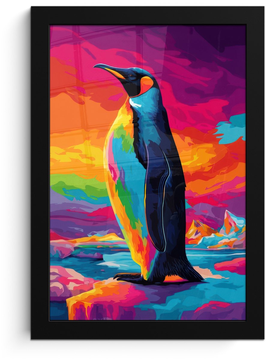 FrameYourWall Poster in lijst - Fotolijst 20x30 cm - Posters - Ijsschots - Pinguïn - Abstract - Lucht - Posterlijst zwart - Decoratie - Wanddecoratie woonkamer - Muurdecoratie slaapkamer Pinguïn - Kleurrijk