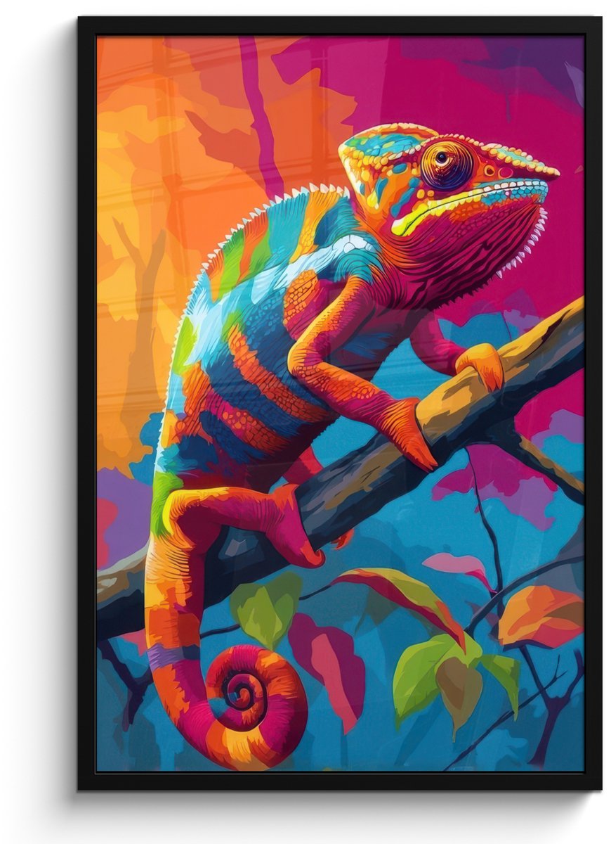 FrameYourWall Poster in lijst - Fotolijst 60x90 cm - Posters - Kameleon - Tak - Gestreept - Bladeren - Posterlijst zwart - Decoratie - Wanddecoratie woonkamer - Muurdecoratie slaapkamer Kameleon - Kleurrijk