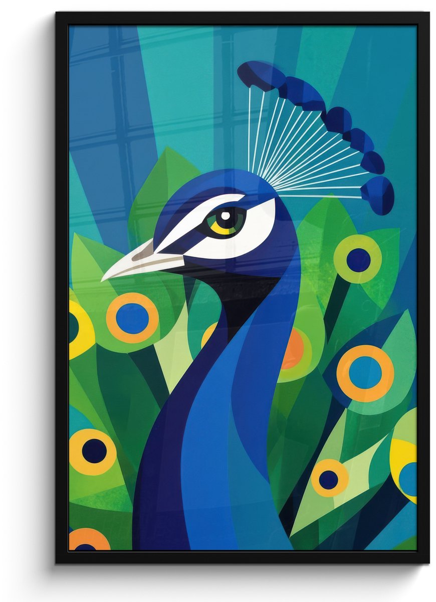 FrameYourWall Poster in lijst - Fotolijst 60x90 cm - Posters - Pauw - Cirkels - Blauw - Posterlijst zwart - Decoratie - Wanddecoratie woonkamer - Muurdecoratie slaapkamer Pauw - Veren