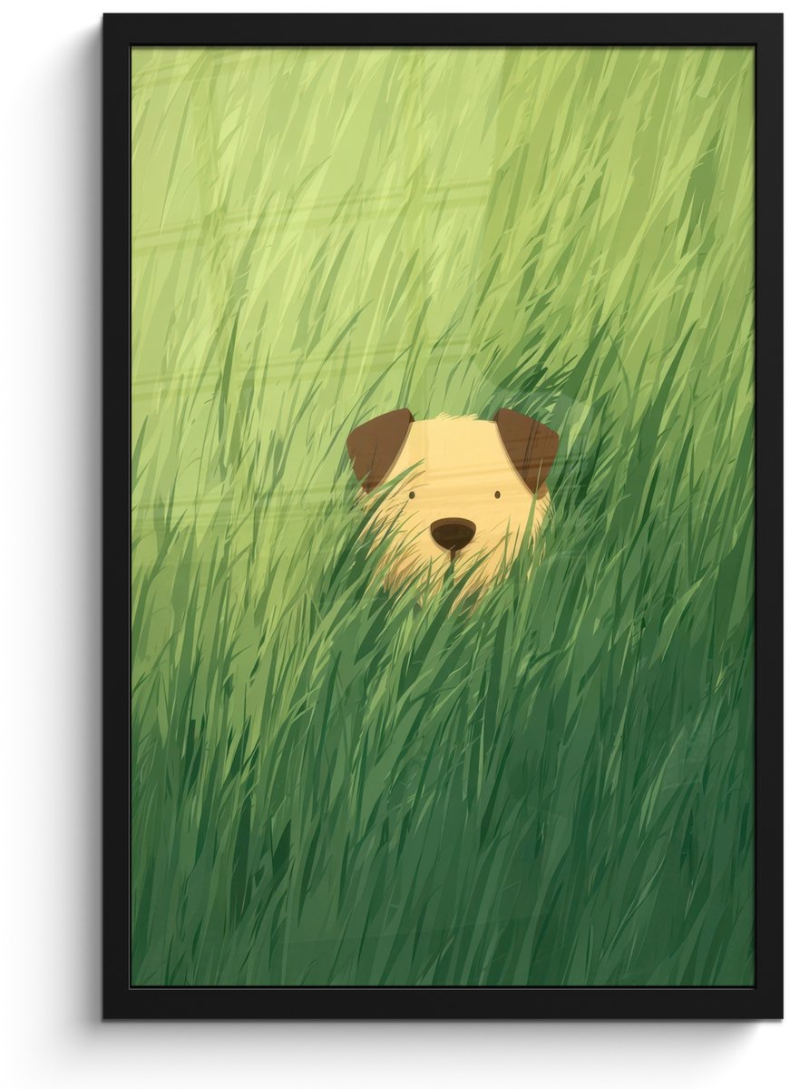 FrameYourWall Poster in lijst - Fotolijst 40x60 cm - Posters - Hondje - Gras - Oren - Bruin - Posterlijst zwart - Decoratie - Wanddecoratie woonkamer - Muurdecoratie slaapkamer - Kerstversiering - Kerstdecoratie voor binnen - Kerstmis
