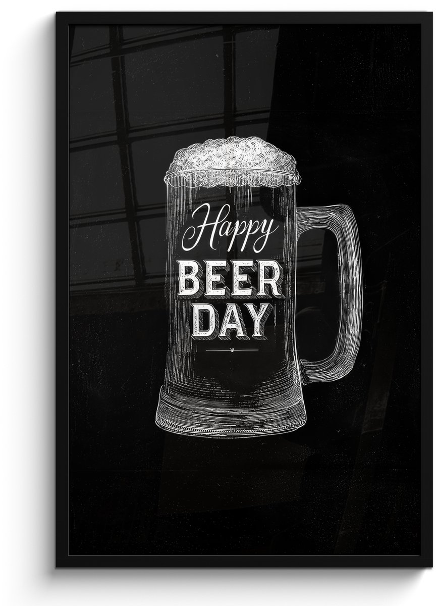 FrameYourWall Poster in lijst - Fotolijst 60x90 cm - Posters - Bierpul - Witte krijtletters - Happy beer day - Posterlijst zwart - Decoratie - Wanddecoratie woonkamer - Muurdecoratie slaapkamer Bierpul - Happy beer day