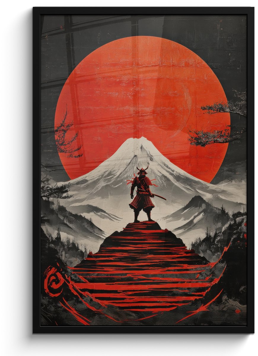 FrameYourWall Poster in lijst - Fotolijst 60x90 cm - Posters - Krijger - Rode trappen - Zon - Berg - Posterlijst zwart - Decoratie - Wanddecoratie woonkamer - Muurdecoratie slaapkamer Krijger - Zon - Berg